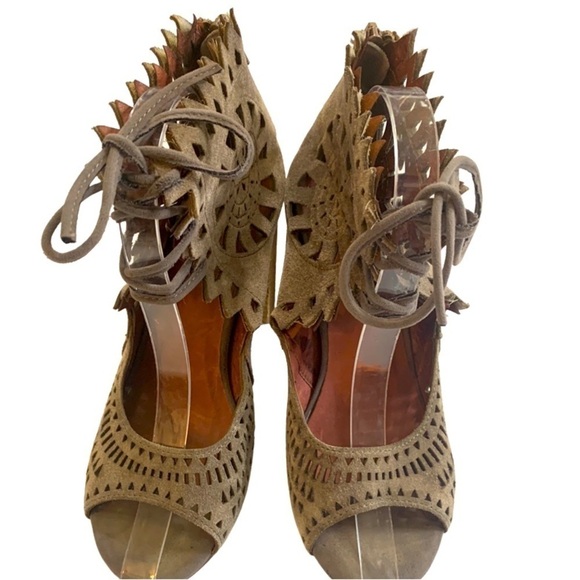 Jeffrey Campbell Cordia taupe suede open toe oxfords, 8.5, block heels, academia - Picture 3 of 9